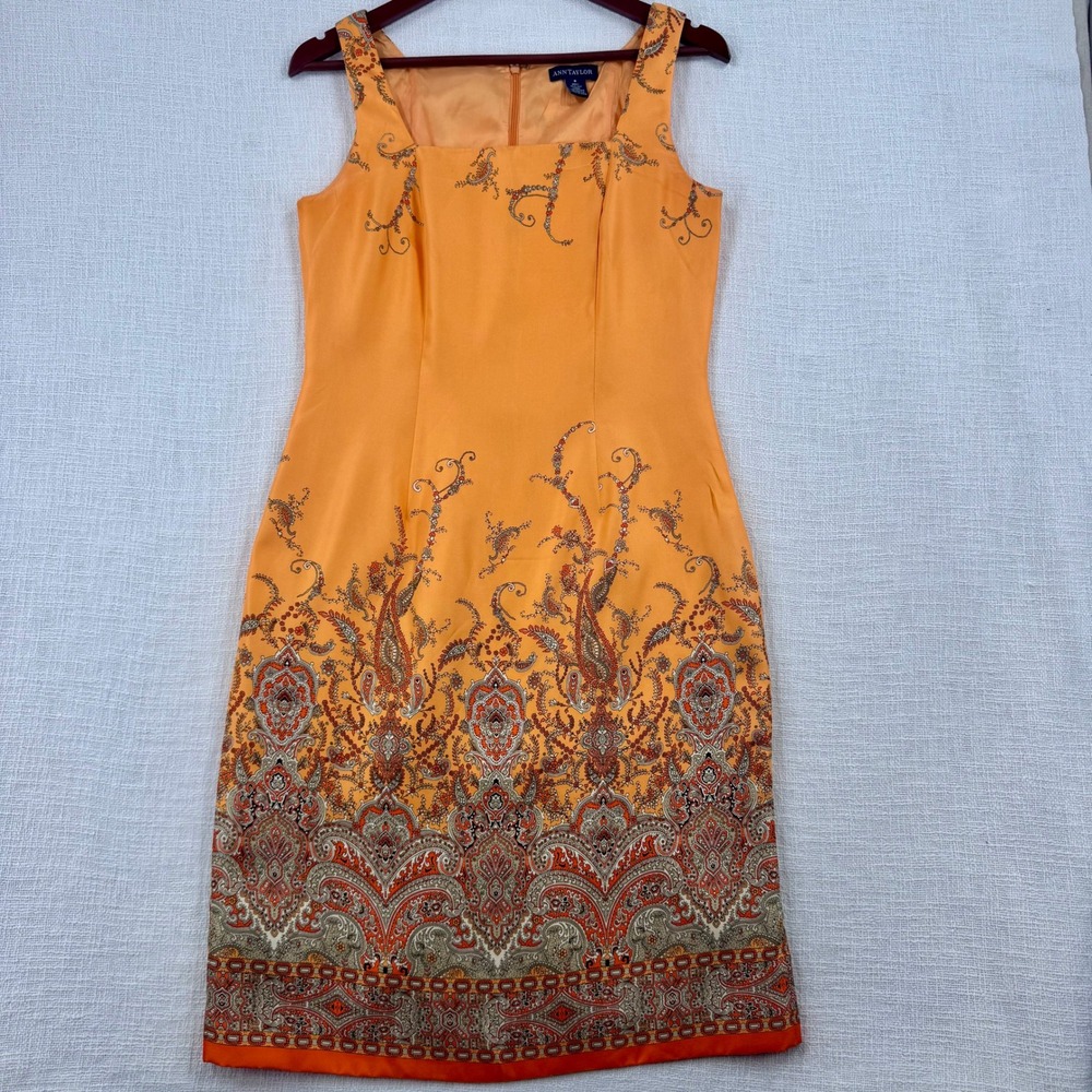 Ann Taylor Y2K Orange Silk Paisley Border Square Neck Sheath Dress Sleeveless